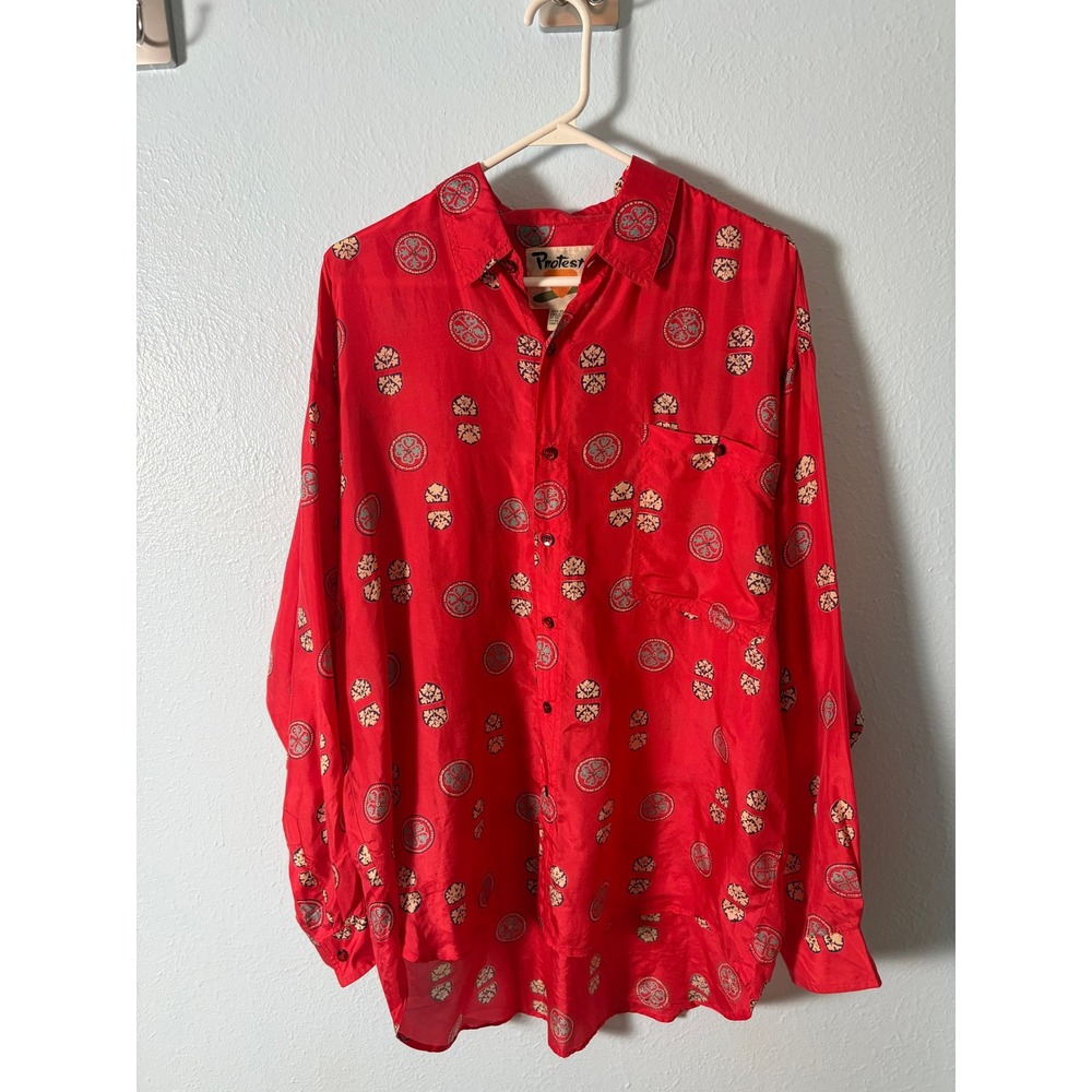 Vintage 90's Protest Silk Red Medallion Print Oversized Shirt L Button Up Boho